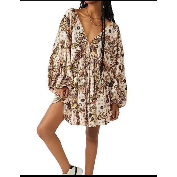 Free People Arzel Printed Mini Dress in Tea combo. Size L - Picture 1 of 8